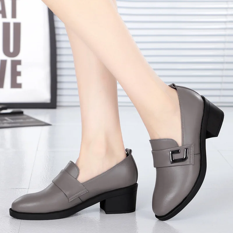 

Spring And Autumn WOMEN'S Shoes Chunky-Heel Semi-high Heeled Shoes Soft Bottom Anti-slip Slip-on Deep Mouth Large Size Leather S