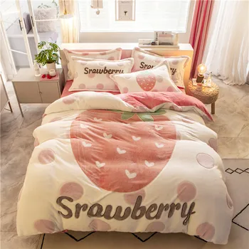 

4Pcs Snowflake Velvet Bedding Set Queen Warm Soft Flannel Duvet/Quilt Cover Bed Linen Strawberry Letter Adult Kids Bedclothes