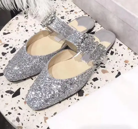 silver mules Bonjean/Новинка; блестящие женские туфли на плоской подошве с украшением; свадебные туфли с круглым носком с пряжкой и кристаллами; женские туфли mary janes; Цвет серебристый, розовый - Цвет: silver mules