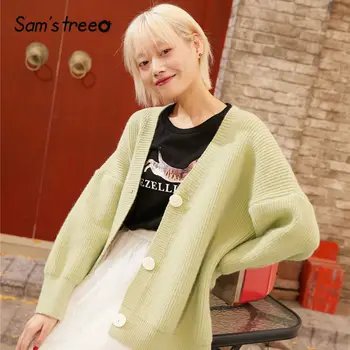 

SAM'S TREE Green Solid Single Button Knit Cardigans Sweater Women 2020 Spring White Long Sleeve Loose Casual Ladies Daily Tops
