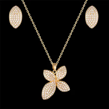 

Fateama Simple plant pendant and Earring Jewelry Set three dimensional beautiful zircon micro inlay leaf set fashion jewelry