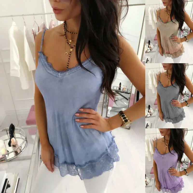 

Women Ladies Lace Vest Summer Sleeveless Loose Camisole V-Neck Top Blouse sling T-shirt New Blue Gray Purple Khaki