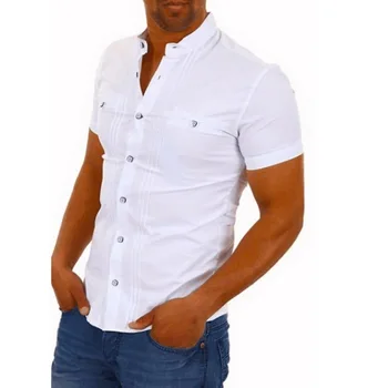 

2019 New Men's Slim Fit Tshirt Short Sleeve Business Formal Casual shirt Tops Solid Single Breasted Cotton Tops Shirts
