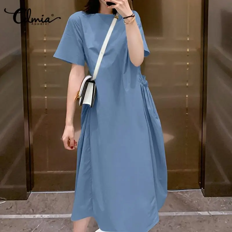 

Fashion Shirt Dress 2020 Celmia Summer Women Short Sleeve Vintage Sundress Casual Loose Pockets Solid Pleated Beach Midi Vestido