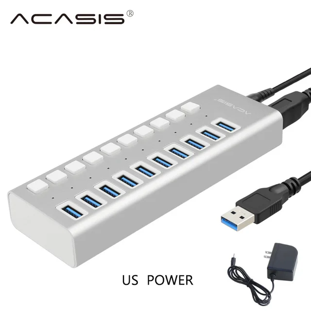 USB 3,0 концентратор 10 Порты и разъёмы 12V 4A Мощность адаптер usb-хаб 3,0 Зарядное устройство с переключателем Мульти USB разветвитель USB3.0 концентратор для Macbook портативных ПК - Цвет: US Aluminum Sliver