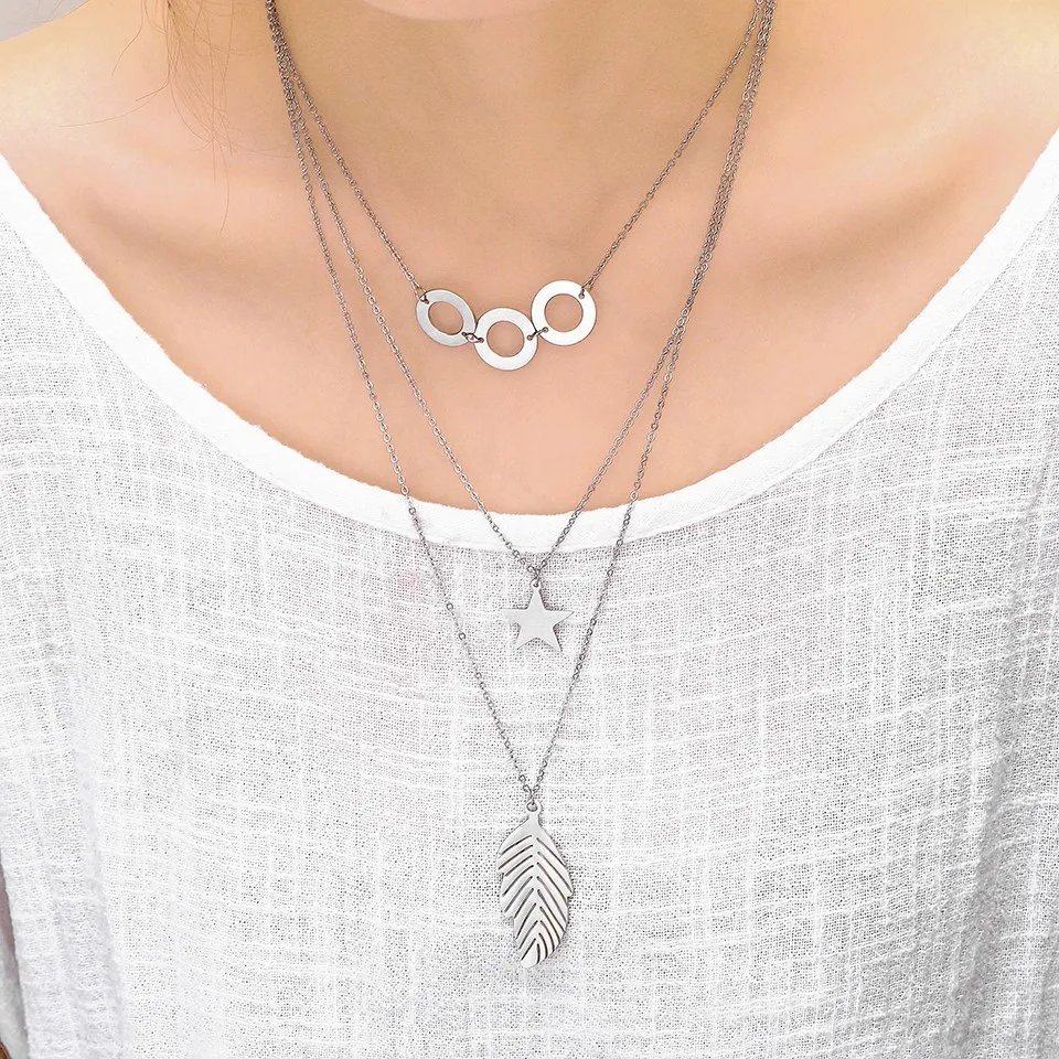 Statement Pendant Necklace Women Accesories Leaves Stars Stainless Steel Jewelry Gold Chain Long Multilayer Layered Necklace