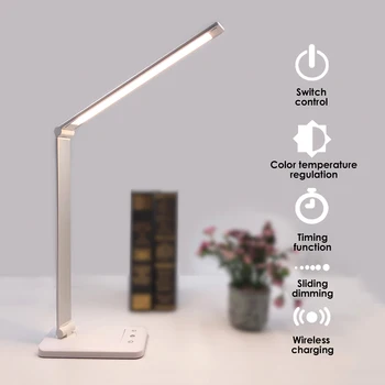 

Foldable LED Lamp Desk Lamps Eye Protection Dimmable Light with Qi Phone Wireless Charging Dock for Home Bedroom Bedside Table