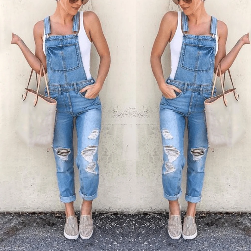 Комбинезон женский джинсовый с дырками рваный Ромпер из денима на бретелях