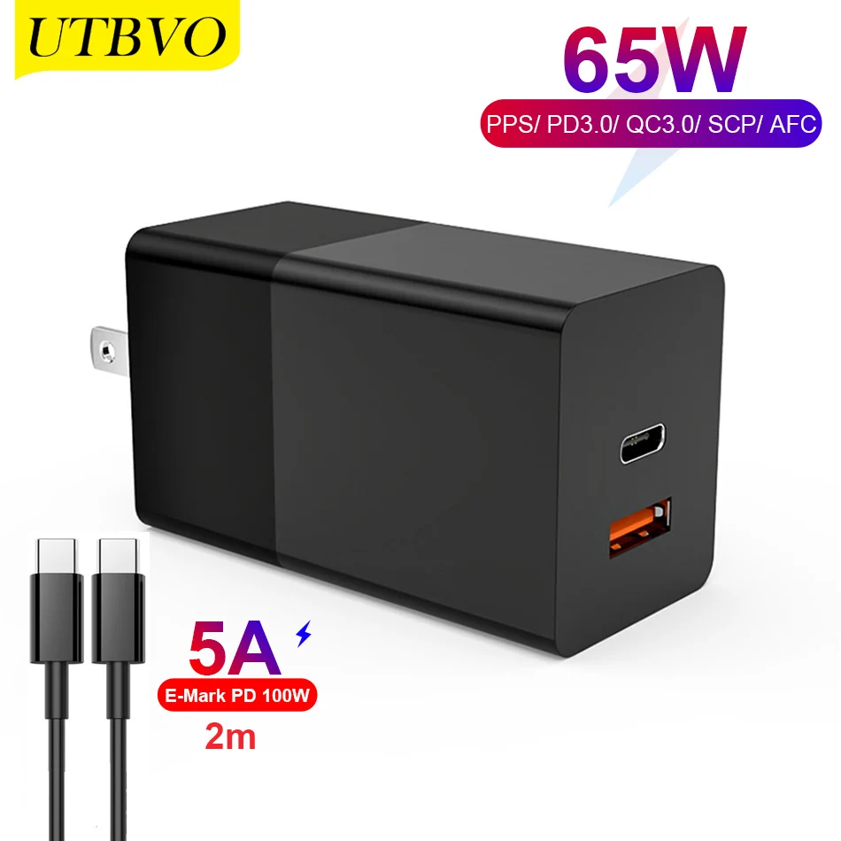 

UTBVO GaN PD 65W Fast Charger USB C to USB C Charging Cable for Samsung Galaxy S20/S20+/S20 Ultra/Note10/Note20/S10 5G,iPad Pro