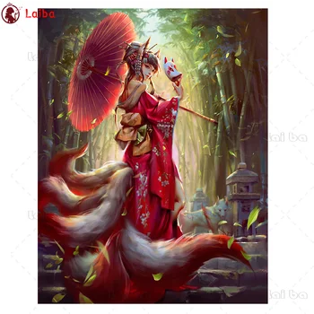 

5d diy diamond painting Abstract retro art, nine-tailed fox Japanese woman mosaic diamond crystal painting full square round