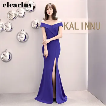 

Long Evening Dress Boat Neck High Side Split Party Gown DX334-1 2020 Plus Size Robe De Soiree New Off Shoulder Formal Prom Dress