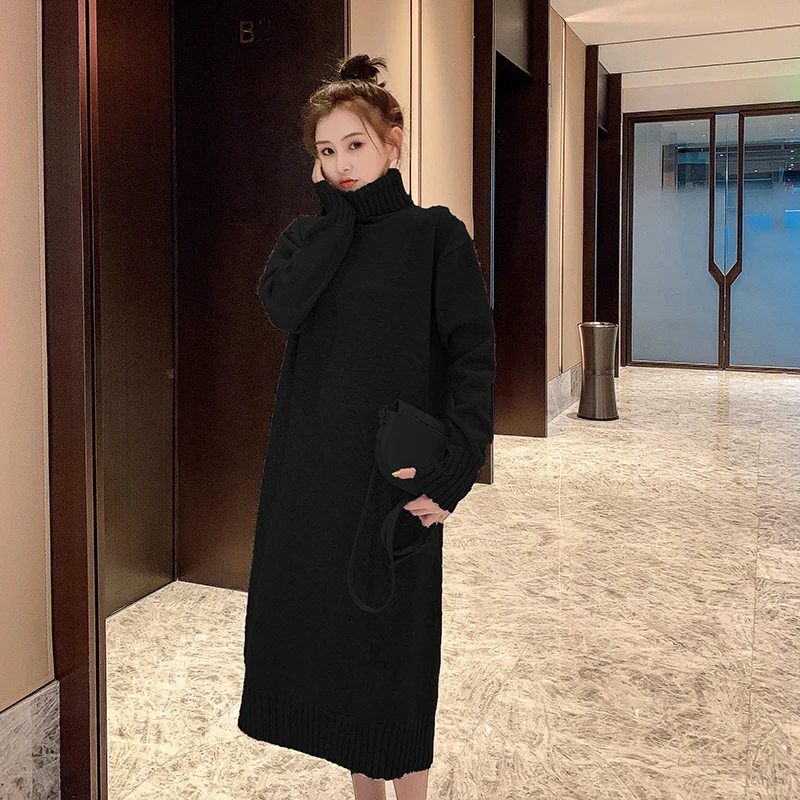 1012# Autumn Winter High Neck Knitted Maternity Long Sweaters Loose Straight Pullovers Dress Clothes for Pregnant Women Nursing