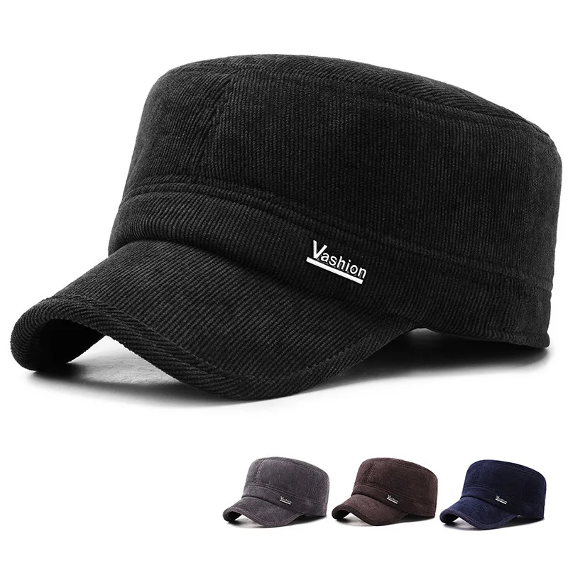 

Autumn & Winter Middle-aged Outdoor Cold Cotton Cap Men Brim Hat Warm Ear Protection Flat Cap Corduroy Military Cap