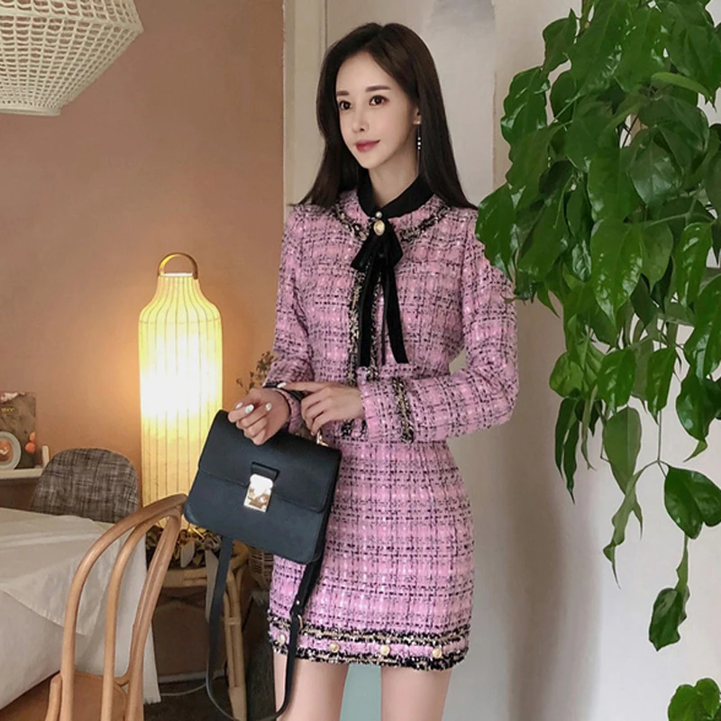 Temperament Tweed Sets Women Two Piece Set Autumn Winter New Pink Tweed single-breasted Coat Jacket+ Short Skirt Ladies