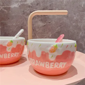 

ins Cute pink tender strawberry embossed ceramic bowl girl heart fruit snack ice cream bowl breakfast bowl