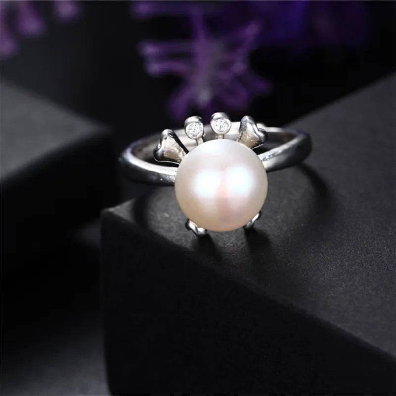 Белый Frog design 8-9mm natural freshwater pearl ring for women gift, 925 sterling silver women adjustable jewelry ring - Цвет камня: Белый