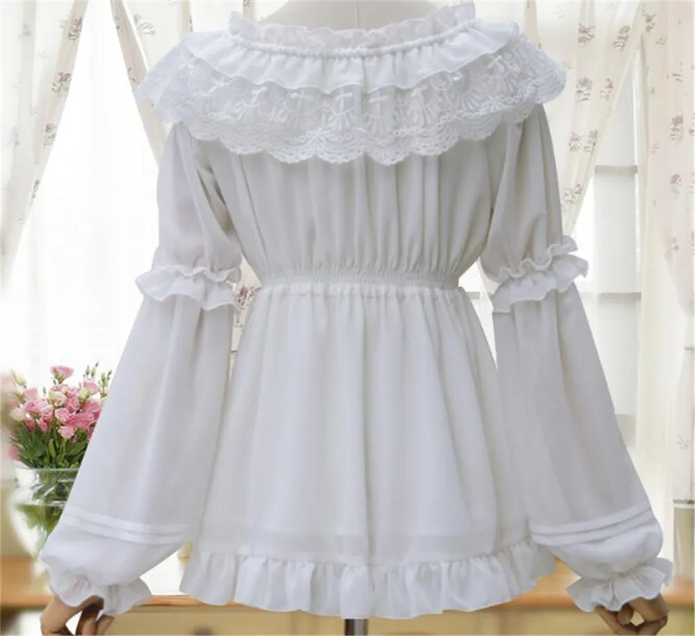 

Sweet lolita Women's Long Lantern Sleeve Chiffon Blouse Vintage Off the Shoulder Top B314