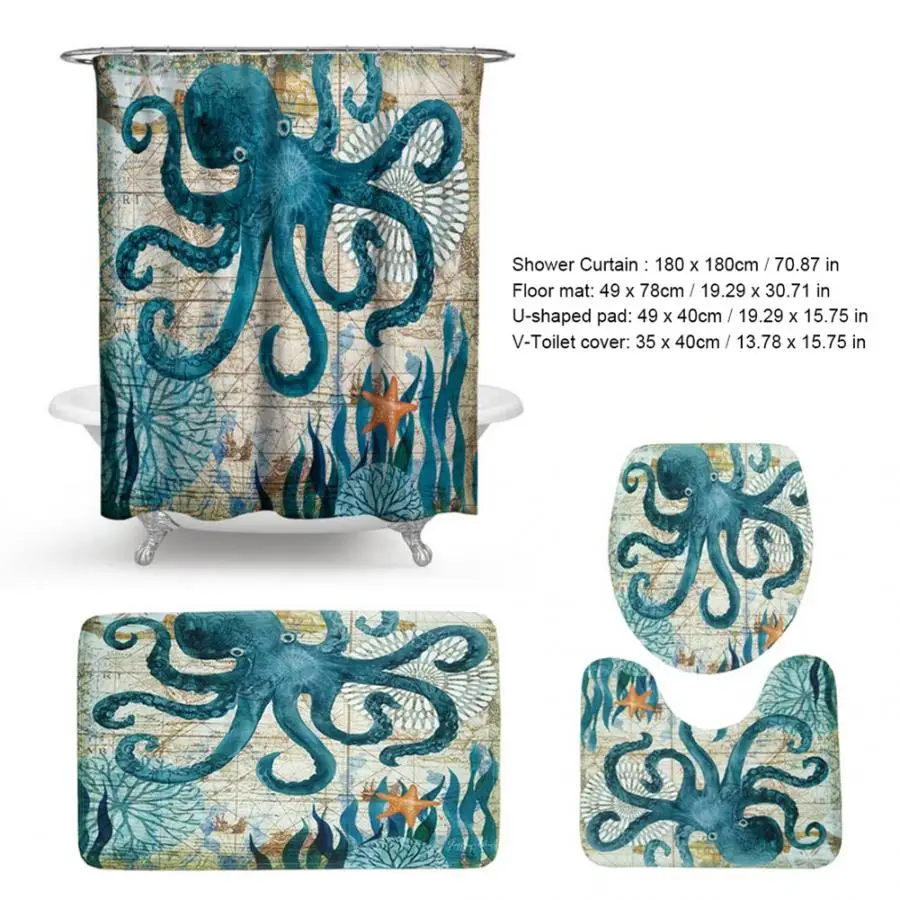 Ocean Sea Theme Printed Shower Curtain& Waterproof Non-slip Bathroom Curtain and Mat Rug Set Bathroom Accessories