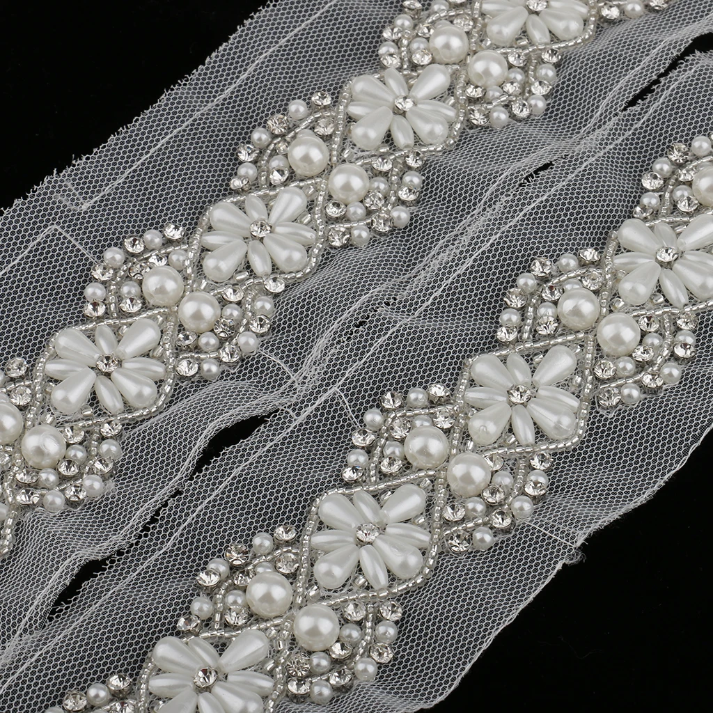90cm Pearl Beaded Sewing Lace Trims Mesh Ribbon Applique for Wedding Dress Costume Craft White 5.5cm
