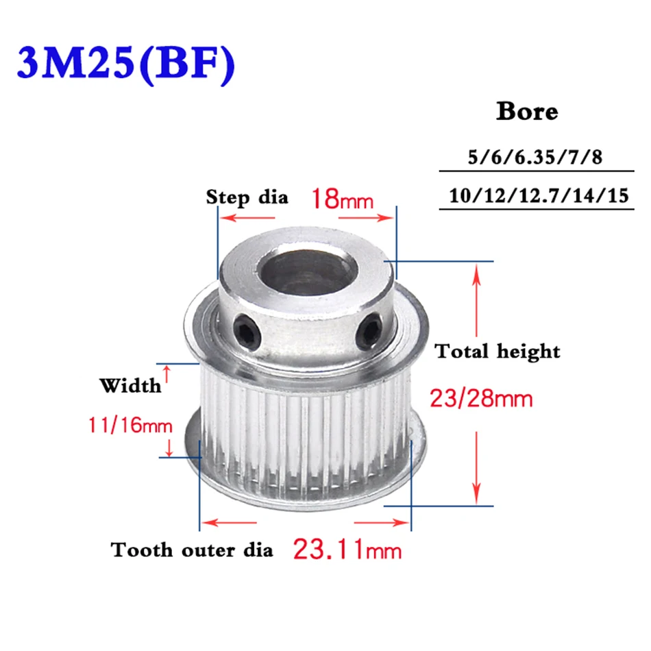 

1Pcs 3M25 Tooth Synchronous Wheel Timing Belt Pulley Aluminum Alloy Width 11mm 16mm Bore 5-15mm