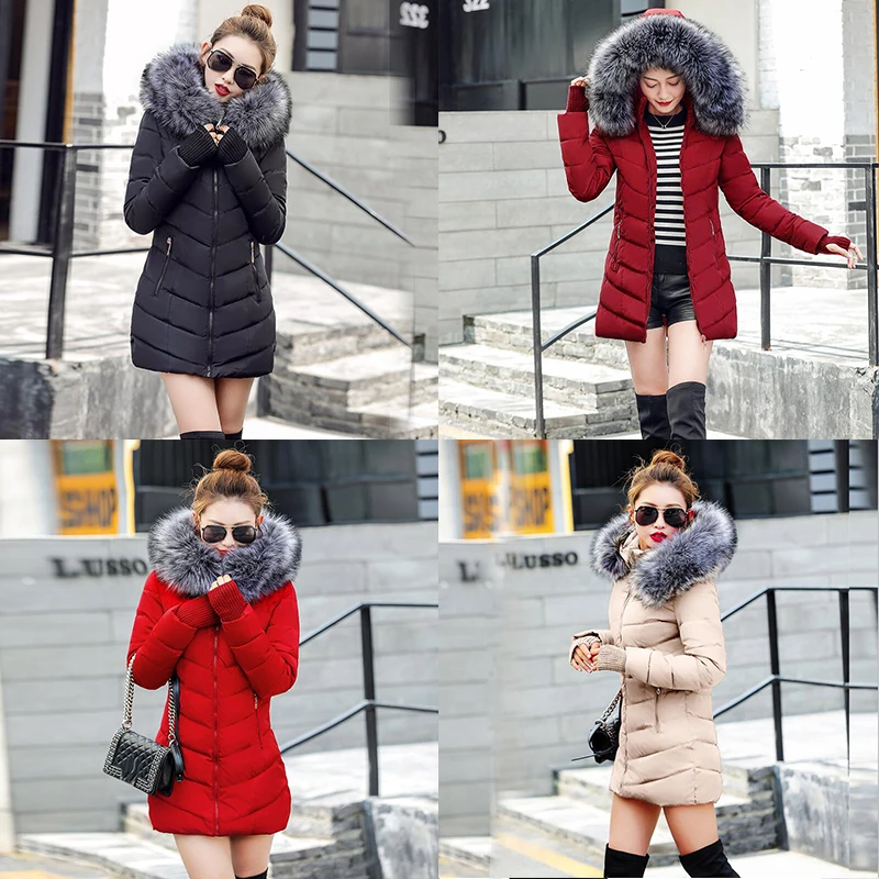Женские зимние куртки и пальто, парки для женщин, 4 цвета, ватные куртки, теплая верхняя одежда с капюшоном, большой воротник из искусственного меха