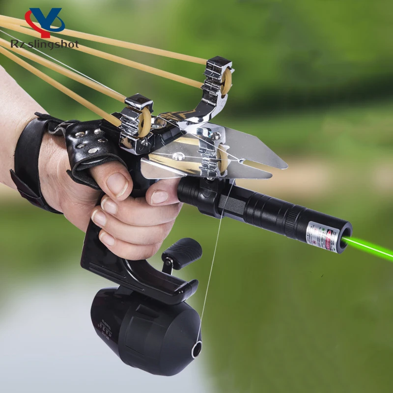 Fishing Set Slingshot Metal Bow Head Green Laser Sight Catapult with Fish  Reels for Outdoor Hunting and Shooting Accessories