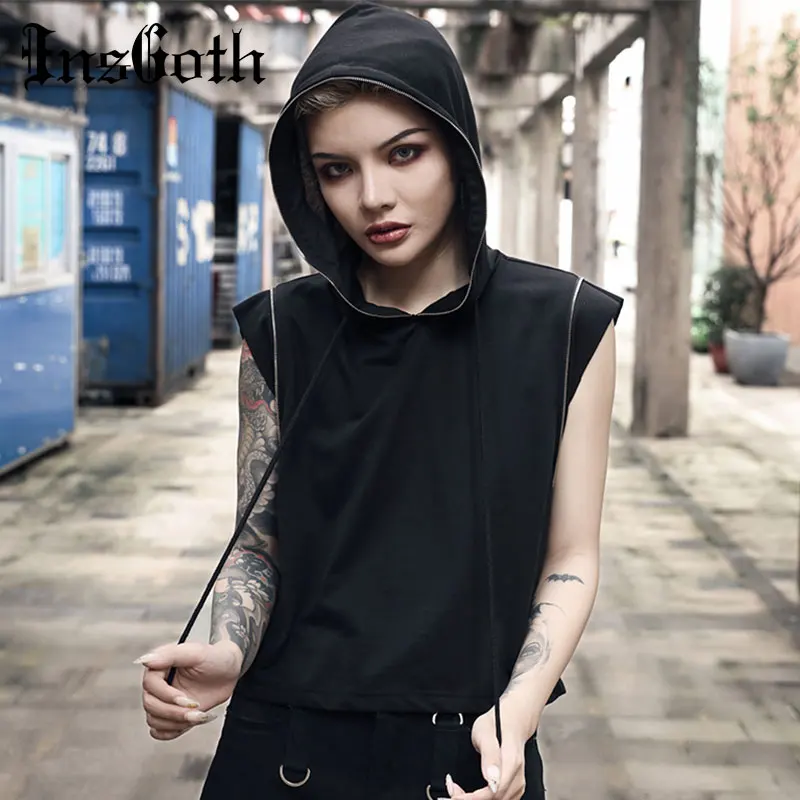 

InsGoth Women T-shirts Gothic Hip Hop Black Hooded Tops Streetwear Sleeveless Female Casual Tops Zipper Punk Loose Top T-shirts