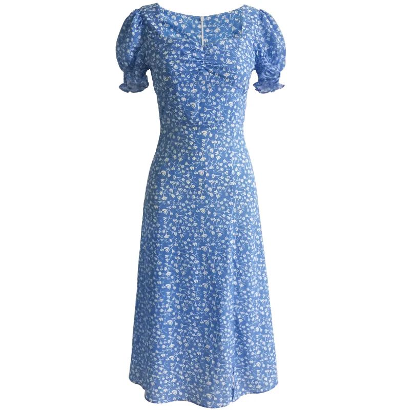 Summer Party Wrap Dress Vintage Blue Print Floral Sexy Slit Beach Holiday Dresses Ladies Vestidos - Цвет: blue