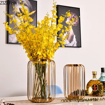 

Creative Alloy Glass Vases Orange Vase Abstract Geometry Dried Flowers Vase Desktop Ornaments Home Decoration Accessories