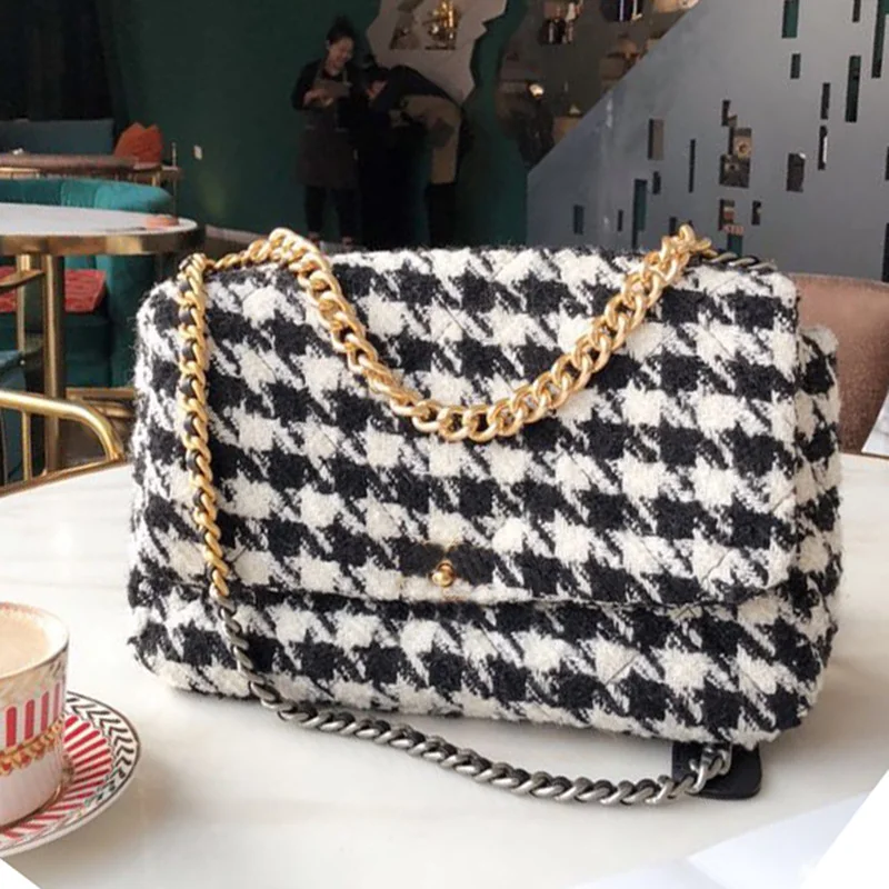 Бренд Houndstooth, женские сумки из шерстяной ткани с клапаном, 30 см. Клетчатые женские сумки через плечо с ремешком на цепочке