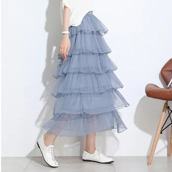 

Ruffles Pleated Skirt Women Fashion Mesh Elastic Waist Mid-calf Skirt Spring Summer Female Skirt Black Blue Pink White Apricot