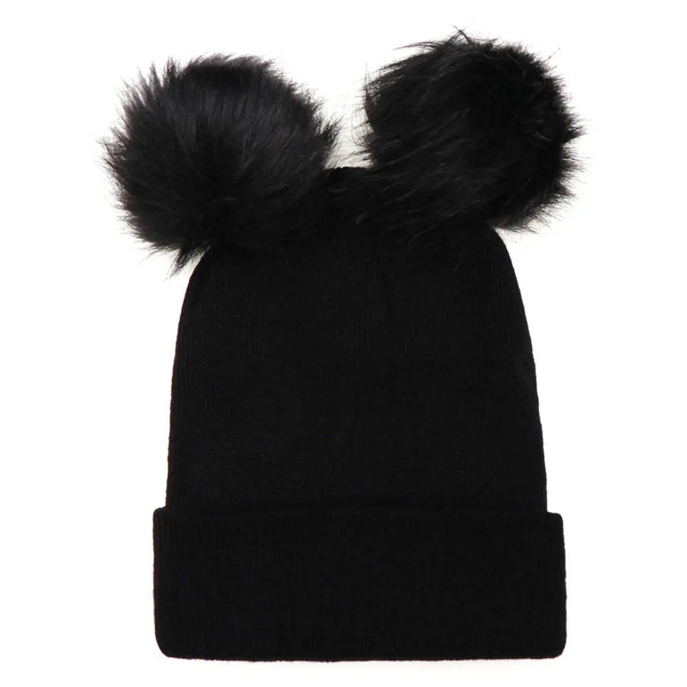 

Women Double Ball Hat Girl Soft Warm Knitting Faux Fur Solid Autumn Winter Pompom Beanies