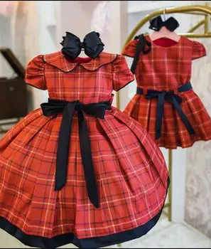 

0-5 Years Baby Girls Princess Dress Infant Red Plaid Pattern Short Sleeve Ruffled Collar Skirt with Bow Knot Waistband