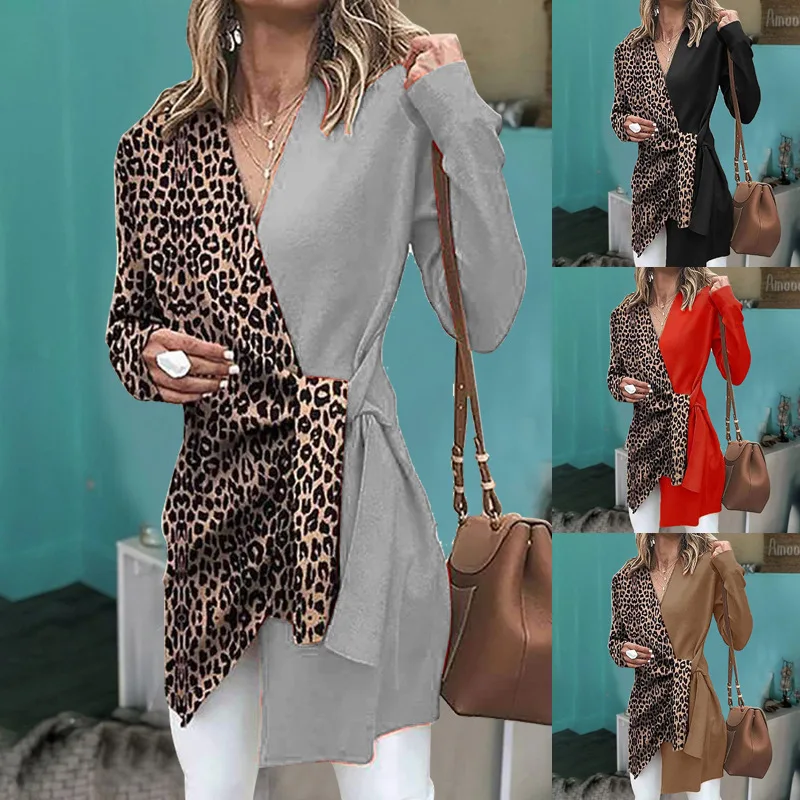 

WOMEN 'S Dress V-neck Leopord Pattern Contrast Color Long Sleeve Jacket