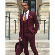 

Burgundy Slim Fit Mens Prom Suits Notched Lapel Wedding Suits For Men Tuxedos Three Pieces Blazers Jacket Pants And Vest Terno