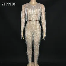 Модные стразы, прозрачный комбинезон с бахромой, эластичный костюм, танцевальное шоу, женская певица, прозрачная одежда с кисточками боди