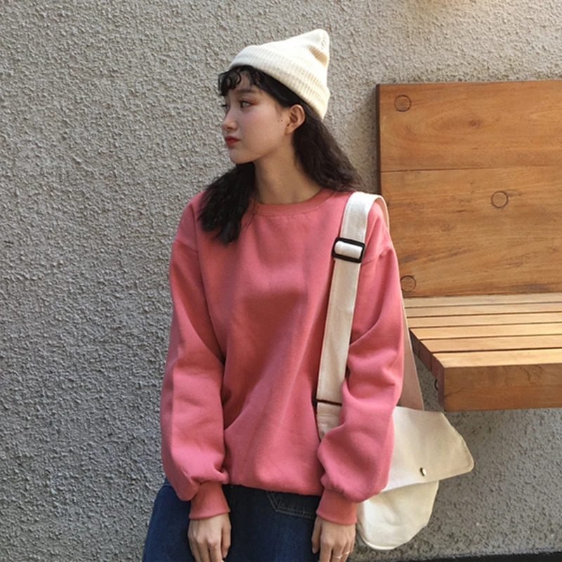 Brick-red Базовая флисовая толстовка Kpop, женские повседневные свободные одноцветные женские толстовки, Зимние новые теплые толстовки Harajuku, пуловер с капюшоном - Цвет: Brick-red