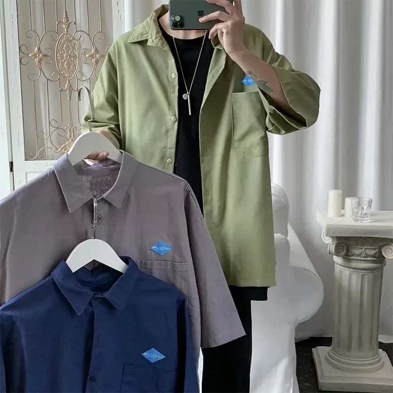 Men's Shirts Long Sleeve Solid Color Casual Soft Chinese Style Stand Collar men Shirt Male Loose Hiphop Short Sleeve Shirt