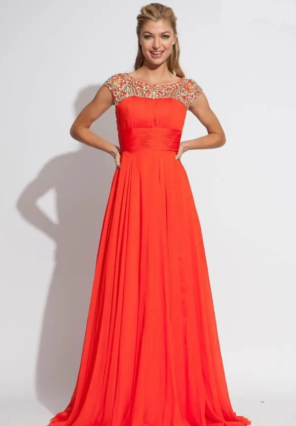 

Beaded Cap Sleeves Chiffon Long Orange Prom Gown Dress 2020 Modest Evening Dress