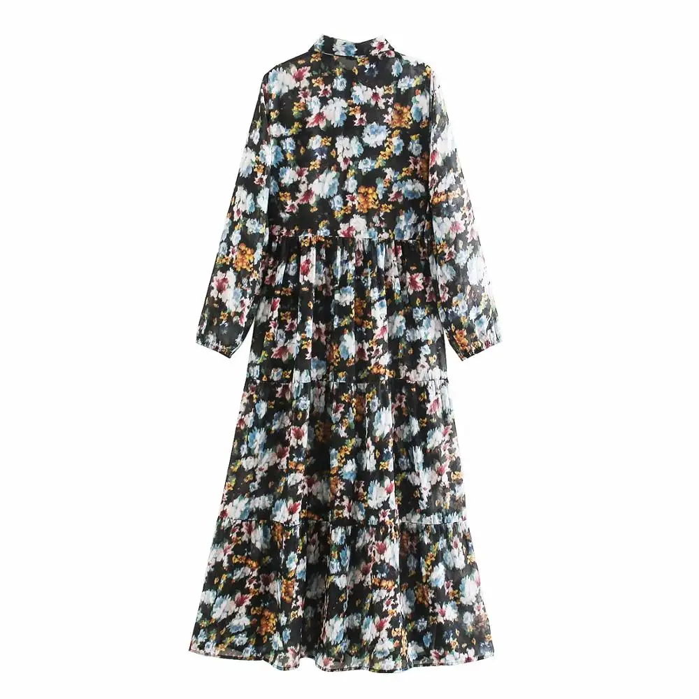 

Elegant Chiffon Floral Print Women Midi Shirtwaist dress 2020 Spring Leisure Lady Nine Quarter Sleeve Loose Dresses D3973