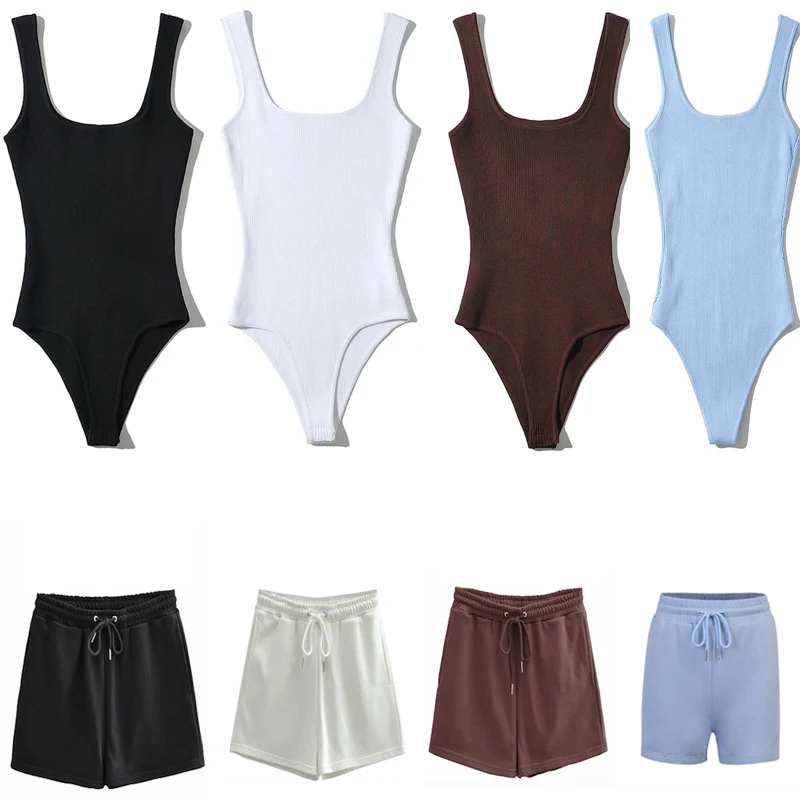 

Casual Solid Sportswear Two Piece Sets Women 2021 Crop Top And Drawstring Shorts Matching Set Summer Athleisure Outfits Short
