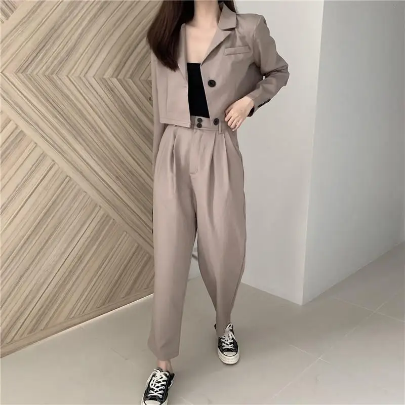

Turn-Down Collar Short Coat High Waist Pants Blazer Set Women Sexy Solid Work Suits Notched Two Piece Suits Outfits