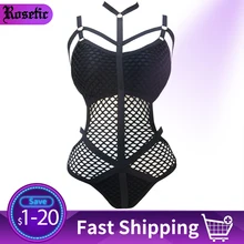 Rosetic feminino preto puro malha rede malha sexy banho de uma peça maiô feminino banhista nadar halter(China)