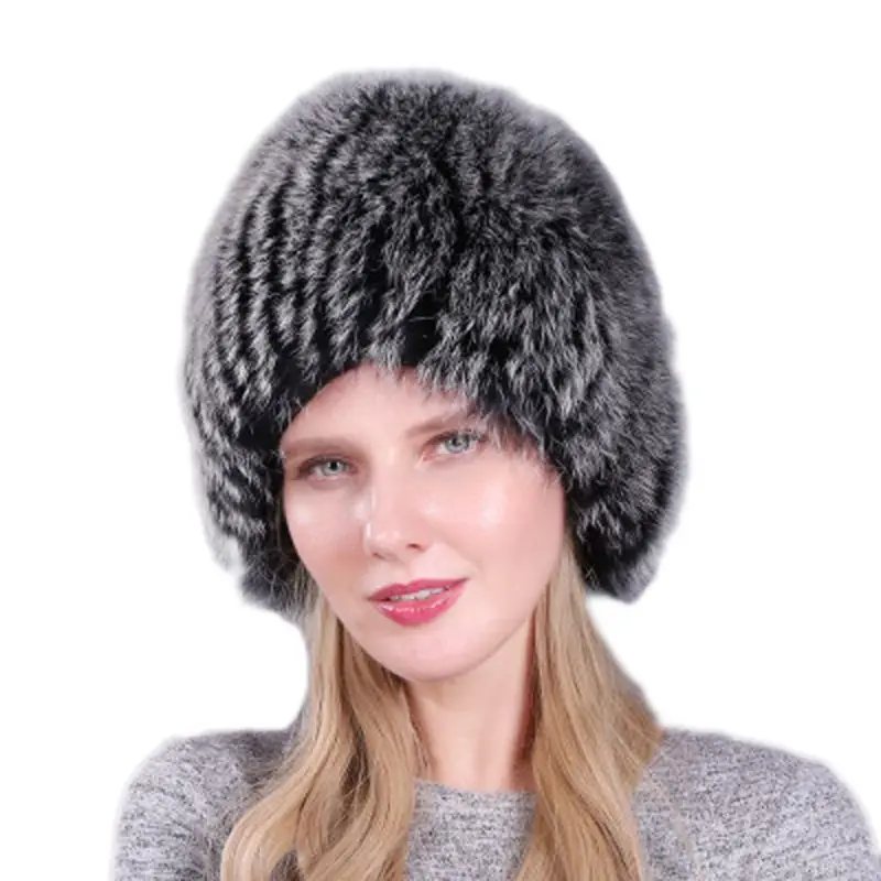 2 New Luxury Natural Real Fur Beanies Cap Knitted Hats Russian Winter Thick Warm Fashion Hat Women Winter Knitted Real Fur - Цвет: 2