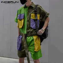 2021 Men Patchwork Rompers Shorts Punk Loose Short Sleeve Jumpsuit Multi Pockets Fashion Streetwear Casual Male Overalls INCERUN