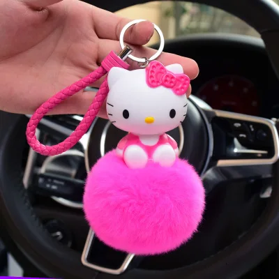 Кожаный брелок для ключей в виде медведя из мультфильма «hello kitty», «hello kitty», «Lucky Cat», пушистый кролик, помпон, брелок для ключей, кольцо-держатель - Color: 4