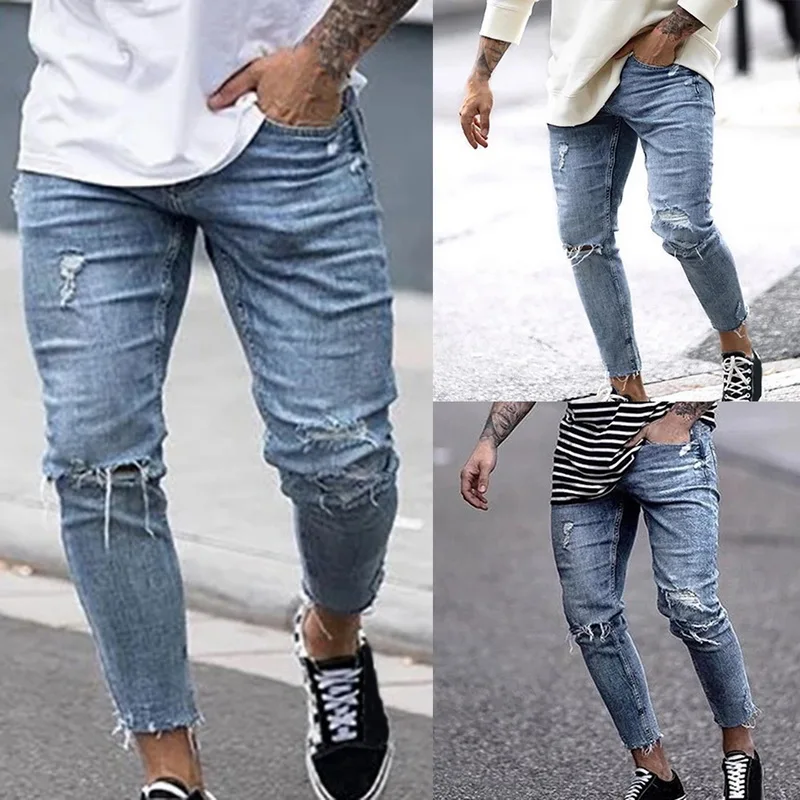 Высокая Homme рваные узкие джинсовые штаны-карандаш хип-хоп рваные мужские джинсы повседневные узкие джинсы рваная уличная одежда джинсы