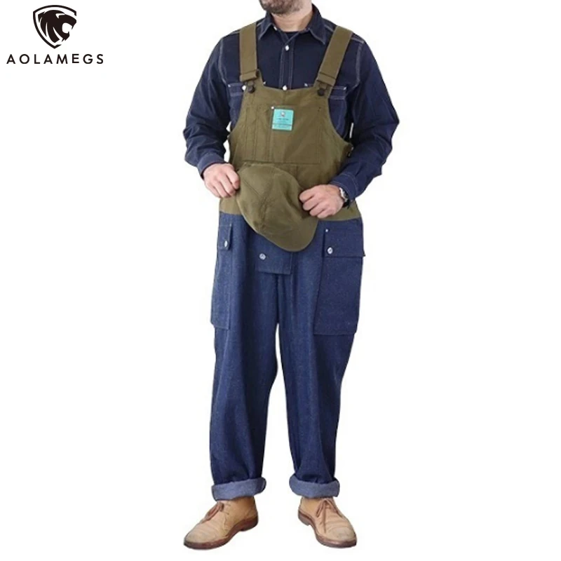 

Aolamegs Denim Cargo Overalls Men Retro Casual Patchwork Color Jumpsuits Couple Loose Straight Trousers Women Multi-pocket Pants