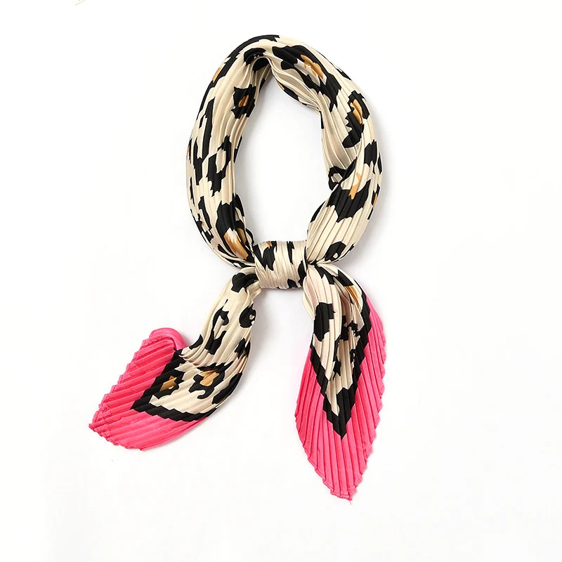 

2020 New Square Crinkle Silk Scarf Women Leopard Print Crumple Neck Wear Pleated Handkerchief Rose Red Foulard Sexy