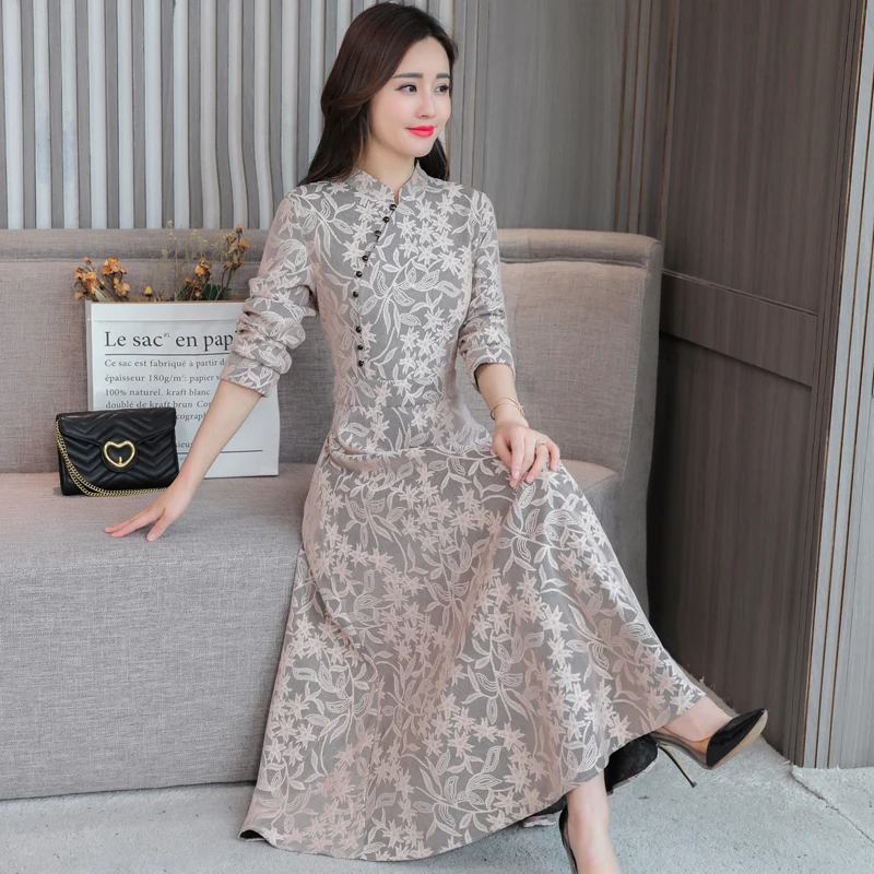 aodai, китайский стиль, Восточный чонсам, женское кружевное платье с цветочной вышивкой, полная длина, улучшенное, Ципао, женское элегантное платье